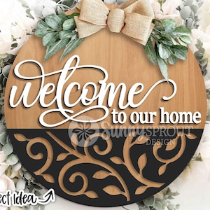 Welcome to Our Home Vines Sign, Digital download, Round door hanger svg, Glowforge laser cut file, Modern pattern sign, Farmhouse door decor