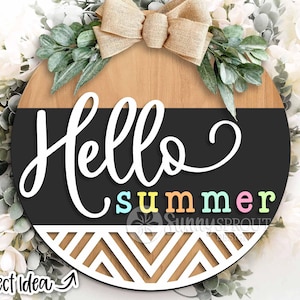 Letrero geométrico de Hola verano, descarga digital, colgador de puerta redondo svg, archivo cortado con láser Glowforge, letrero con patrón moderno, decoración de puerta de granja