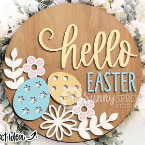 Bonjour signe floral de Pâques, téléchargement numérique, svg d'accroche-porte rond, fichier laser Glowforge, Cricut, panneau de bienvenue d'oeuf de Pâques, svg de décoration printanière