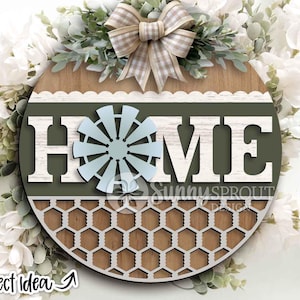 May include: A round wooden sign with the word "HOME" in white, a light blue windmill, and a honeycomb pattern. The sign is decorated with a beige bow and greenery, with the text "Project Idea" at the bottom.