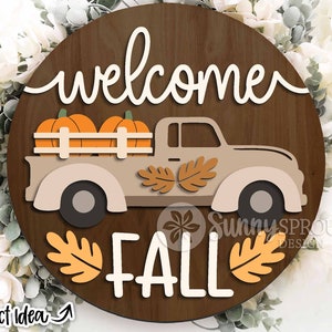 Bienvenue automne citrouille camion signe, téléchargement numérique, accroche-porte rond svg, fichier laser Glowforge, Cricut, camion vintage svg, décoration automne