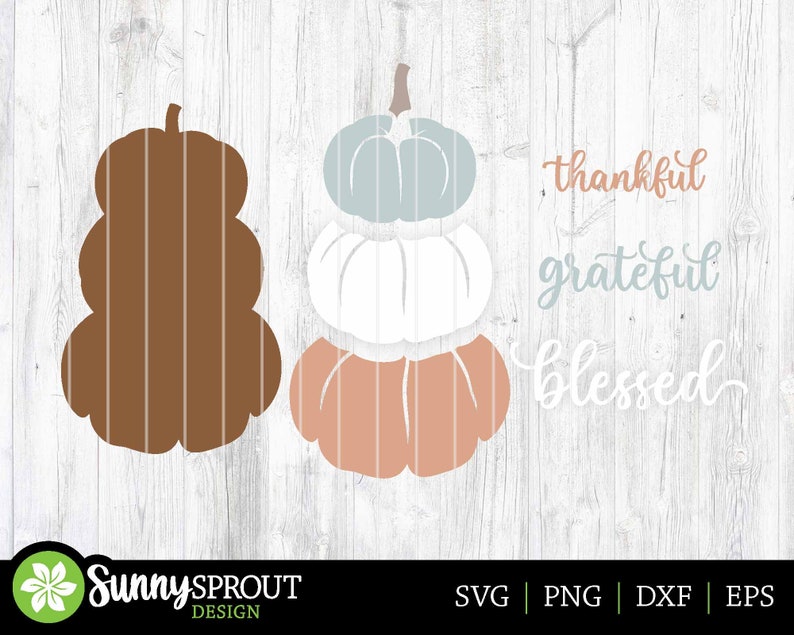 K&ouml;nnte beinhalten: Ein digitales Design mit drei &uuml;bereinander gestapelten K&uuml;rbissen in den Farben Braun, Wei&szlig; und Pfirsich. Der Text "thankful", "grateful" und "blessed" ist in einer kursivschriftlichen Schriftart geschrieben.