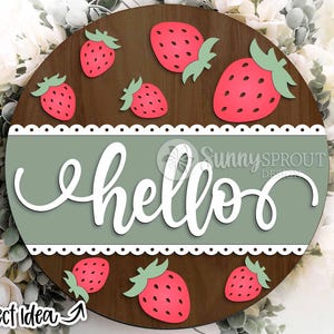 Bonjour fraise signe, téléchargement numérique, accroche-porte rond svg, fichier laser Glowforge, fichier de coupe Cricut, décoration de printemps, signe de bienvenue d'été svg
