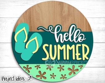 Hello Summer Flip Flop Sign, Digital Download, SVG Laser Cut File, Cricut, Beach Round Door Hanger Design