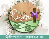He Is Risen Cross Lily Sign, Digital download, SVG laser cut file, Cricut, Round door hanger design, Christian Easter decor