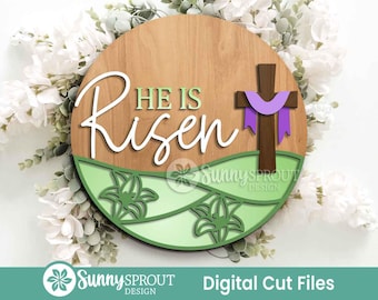 He Is Risen Cross Lily Sign, Digital download, SVG laser cut file, Cricut, Round door hanger design, Christian Easter decor