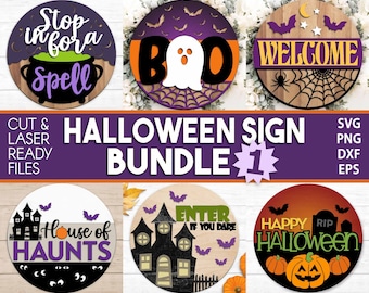 Halloween Laser Sign Bundle, Round door hanger, Glowforge laser file, Cricut cut file, Silhouette, Fall welcome sign svg