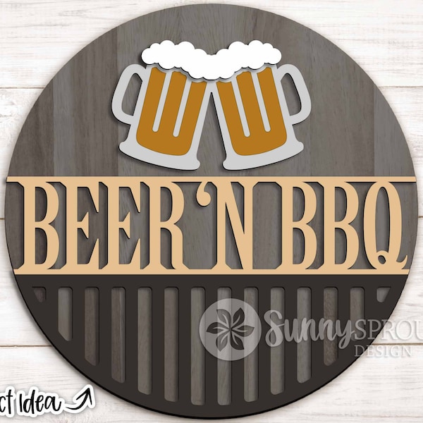 Beer 'N BBQ Grill Sign, Digital download, Round door hanger svg, Glowforge laser cut file, Cricut, Patio welcome sign, Father's Day Dad svg