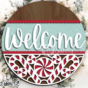 Welkom Candy Cane-patroonteken, digitale download, ronde deurhanger svg, Glowforge lasergesneden bestand, Cricut, decor kerstvakantie