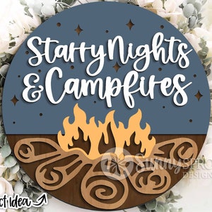 Placa "Noites Estreladas e Fogueiras", Download digital, Arquivo laser Glowforge, Arquivo de corte Cricut, Suporte de porta redondo svg, Decoração de placa para trailer, Acampamento
