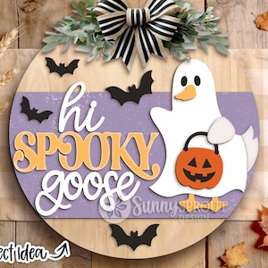 Hi Spooky Goose Sign, Digital Download, SVG Laser Cut File, Cricut, Round Halloween Welcome Door Hanger Design