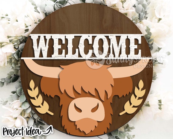 Welcome Highland Cow Sign, Digital download, SVG Laser cut file, Cricut, Round door hanger design, Farm animal decor