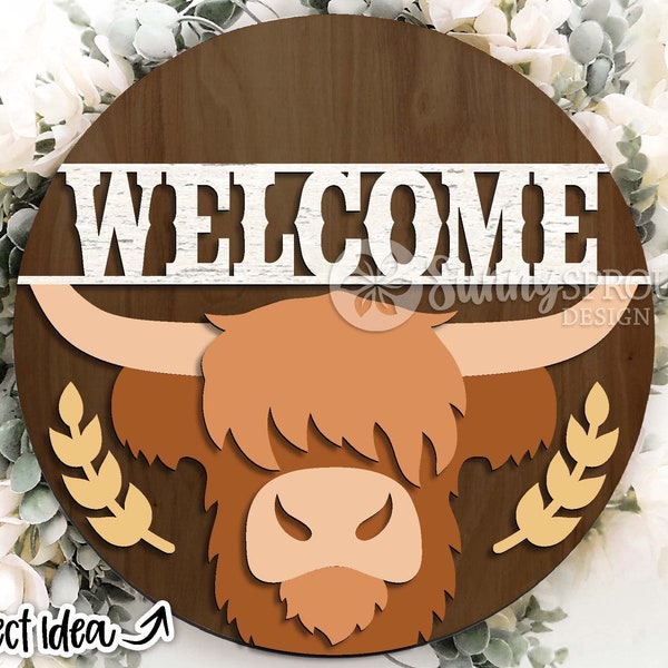 Welcome Highland Cow Sign, Digital download, Round door hanger svg, Farmhouse sign svg, Glowforge laser file, Cricut, Farm animal door decor