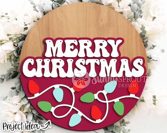 Vrolijk Kerstmis Retro Lichtjes Bord, Digitale Download, SVG Lasersnijbestand, Cricut, Rond Deurhanger Ontwerp