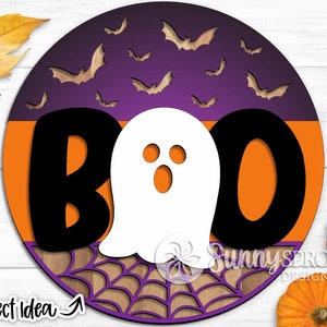 Boo Ghost Sign, Digital download, Round door hanger svg, Spooky sign svg, Glowforge laser file, Cricut cut file, Halloween welcome sign svg