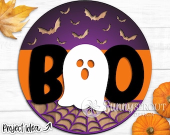 Boo Ghost Sign, Digital download, Round door hanger svg, Spooky sign svg, Glowforge laser file, Cricut cut file, Halloween welcome sign svg