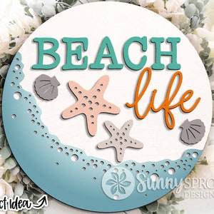 Beach Life Starfish Sign, Digital download, Round door hanger svg, Glowforge laser file, Cricut, Beach house welcome sign, Nautical svg