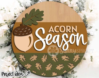 Acorn Season Oak Leaf Sign, Digital Download, SVG Laser Cut File, Cricut, Round Fall Door Hanger Design