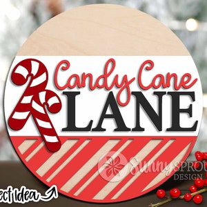 Candy Cane Lane Sign, DIGITAL Download, Round door hanger svg, Glowforge laser file, Cricut, Christmas holiday decor svg