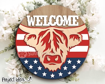 Highland Kuh Willkommensschild, digitaler Download, SVG Laser Cut-Datei, runder Türschild Design, 4