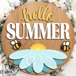Hello Summer Bee Flower Sign, Digital download, Round door hanger svg, Glowforge laser file, Cricut cut file, Summer welcome sign svg