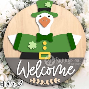 Goose Welcome St. Patrick Sign, Digital download, Round door hanger svg, Glowforge laser file, Cricut, Shamrock svg, Interchangeable outfit