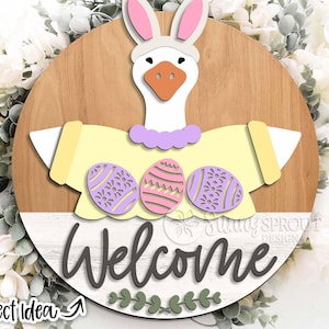 Goose Welcome Easter Sign, Digital download, Round door hanger svg, Glowforge laser file, Cricut, Easter bunny svg, Interchangeable outfit