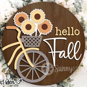 Bonjour automne vélo tournesol signe, accroche-porte rond svg, fichier découpé au laser Glowforge, Cricut, svg automne, panneau de porte de bienvenue, vélo avec des fleurs