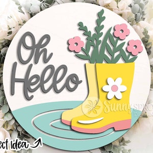 Signe de fleurs de bottes de pluie oh bonjour, svg d'accroche-porte rond, fichier laser Glowforge, Cricut, svg de bienvenue de printemps, signe de porche de Pâques, décoration florale