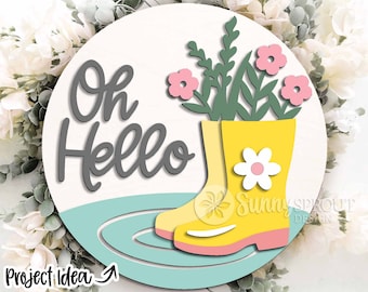 „Oh Hello Rain Boots Flowers“-Schild, digitaler Download, SVG-Laserschnittdatei, Cricut, rundes Türhänger-Design, Frühlingsdeko