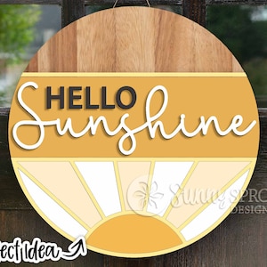 Hello Sunshine Rising Sun Zeichen, Digitaler Download, Runde Türschild SVG, Glowforge Laser geschnitten Datei, Cricut SVG-Datei, moderne Türdekoration