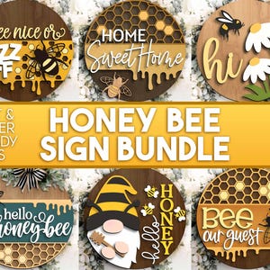 Honey Bee Laser Sign Bundle, Digital download, Round door hanger svg, Glowforge laser file, Cricut, Front door welcome sign, Bee honeycomb