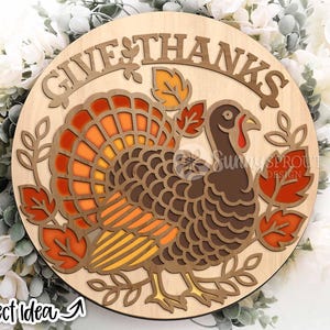 Give Thanks Turkey Outline Sign, Digital download, Round door hanger svg, Glowforge laser file, Cricut, Thanksgiving decor, Autumn sign