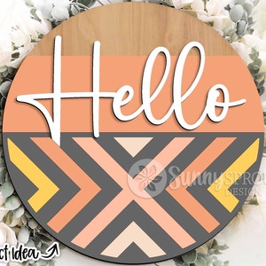 Hello Geometric Welcome Sign, Digital download, Round door hanger svg, Glowforge laser cut file, Modern pattern sign, Farmhouse door decor