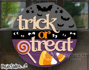 Trick Or Treat Sign, Digital download, Round door hanger, Spooky sign svg, Cricut cut file, Silhouette, Glowforge laser file, Halloween svg