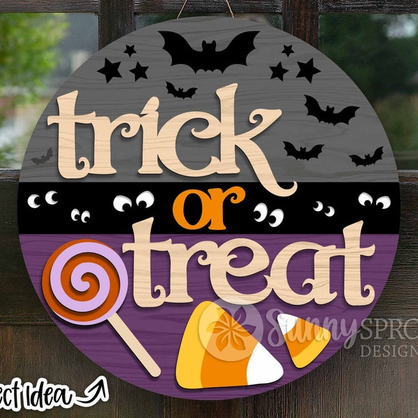 Trick Or Treat teken, digitale download, ronde deur hanger, Spooky teken SVG, Cricut gesneden bestand, silhouet, Glowforge laserbestand, Halloween SVG