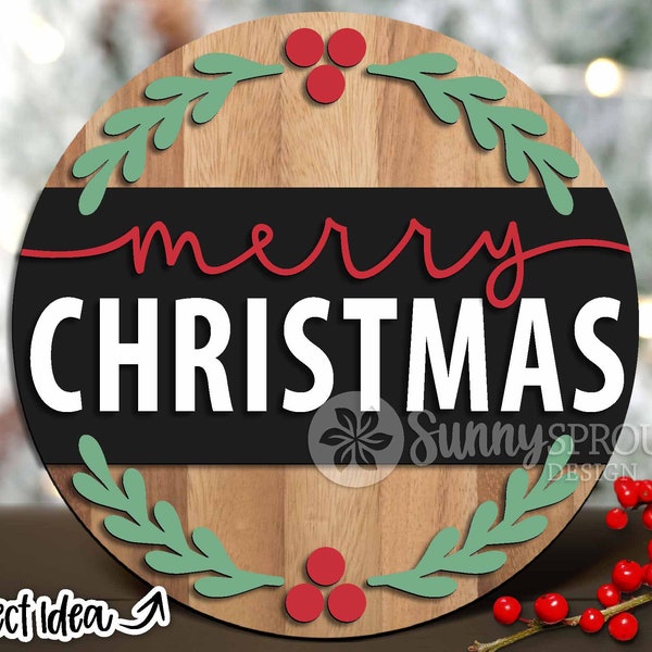 Merry Christmas Sprig Sign, DIGITAL download, Round door hanger svg, Glowforge laser file, Cricut, Winter welcome, Modern Christmas decor