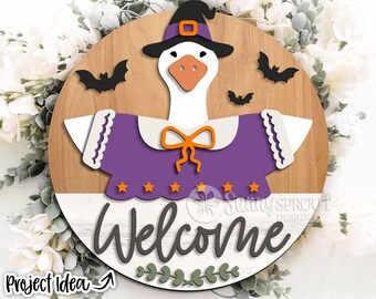 Goose Welcome Halloween Witch Sign, Digital Download, SVG Laser Cut File, Cricut, Round Halloween Door Hanger Design, Interchangeable Outfit