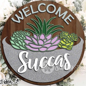 Panneau de bienvenue Succas, accroche-porte rond, fichier découpé au laser Glowforge, Cricut, panneau de bienvenue, décoration succulente, panneau de porte bohème svg, cadeau plante