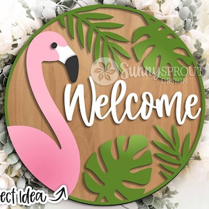 Welkomstbord flamingo blad, digitale download, ronde deurhanger svg, Glowforge laserbestand, Cricut, zomer welkomstbord, tropisch decor svg