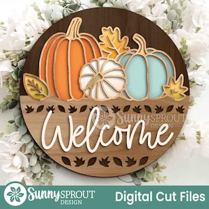 Welcome Fall Pumpkin Outline Sign, Round door hanger svg, Glowforge laser file, Cricut, Autumn welcome sign, Pumpkin svg