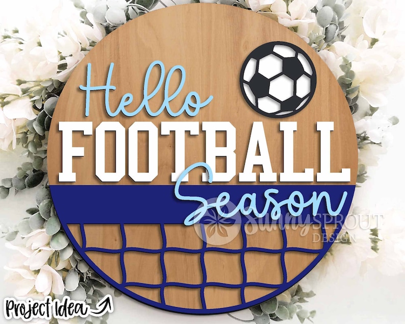 Hello Football Soccer Season Sign, Digital Download, SVG Laser Cut File, Cricut, Round Door Hanger Wall Art Design, Sports Decor image 2