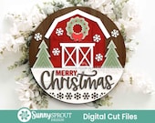 Merry Christmas Barn Wreath Sign, Digital download, SVG laser cut file, Cricut, Round door hanger design, Farmhouse decor