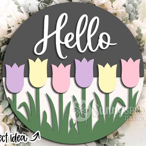 Hallo tulp bloembord, ronde deurhanger svg, welkomstbord lente, Glowforge lasergesneden bestand, Cricut svg-bestand knippen, decorbestand lentebloem
