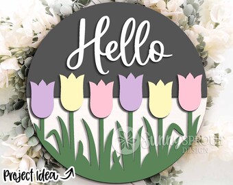 Letrero de tulipán "Hola", descarga digital, archivo SVG para corte láser, Cricut, diseño redondo para colgar en la puerta, decoración de primavera y Pascua.