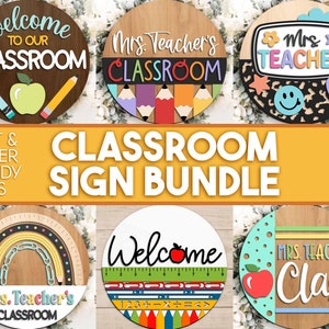 Klassenzimmer Zeichen Bundle, digitaler Download, runder Türschild svg, Glowforge Laser-Datei, Cricut Schnittdatei, Tür Willkommensschild, Lehrer Namensschild