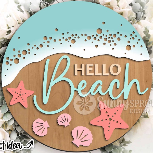 Hello Beach Shoreline Sign, Digital download, Round door hanger svg, Glowforge laser file, Cricut, Beach house welcome sign, Nautical svg