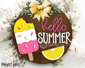 Hallo Sommer Zitronen Eis am Stiel Zeichen, Digital Download, SVG Laser Cut Datei, Cricut, Willkommen Türschild