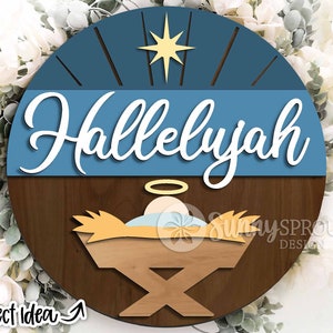 Halleluja baby Jezus teken, digitale download, ronde deurhanger svg, Glowforge laserbestand, Cricut, kerst wanddecoratie, religieuze laser svg