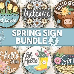 Frühlingsschild Bundle 3, DIGITALER Download, Türschild, Glowforge Laser-Datei, Cricut, Frühlingsblume Willkommensschild, Hallo Frühling